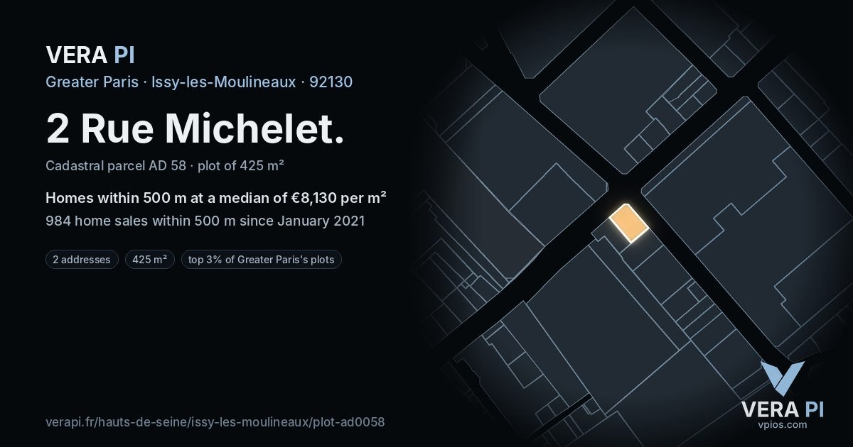 2 Rue Michelet, Issy-les-Moulineaux at night – the plot lit, the parcels around coloured by the prices near them