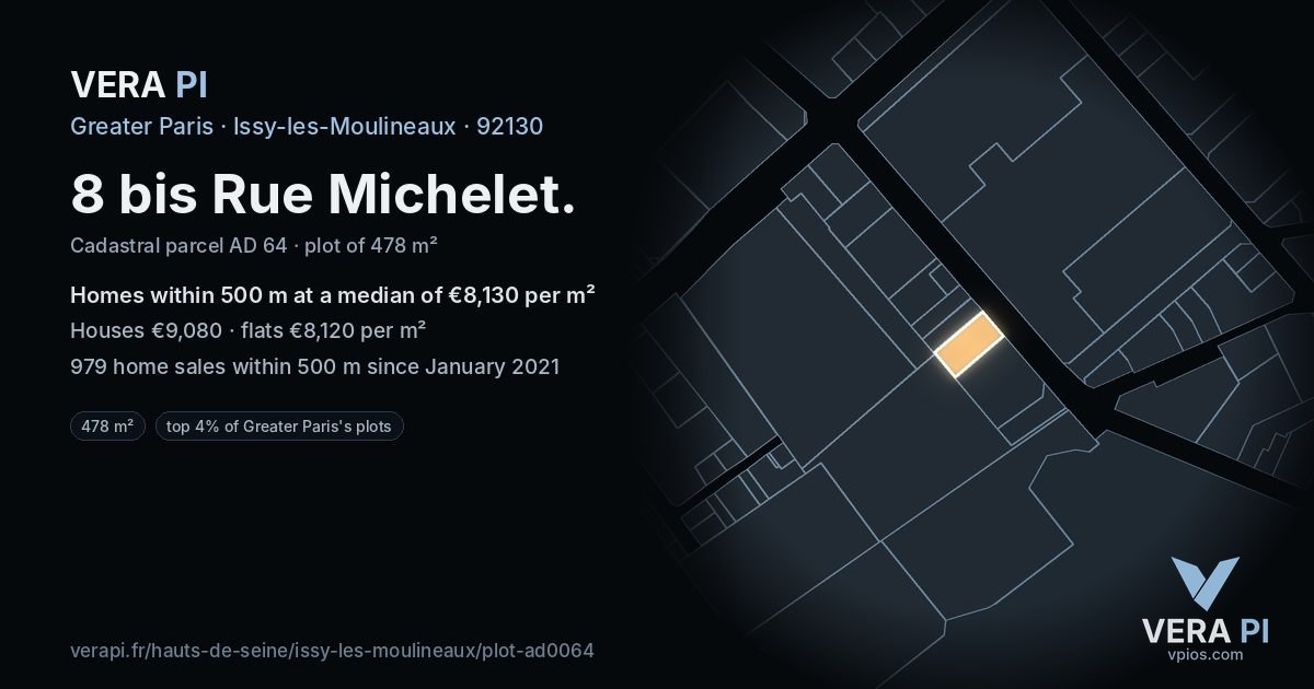 8 bis Rue Michelet, Issy-les-Moulineaux at night – the plot lit, the parcels around coloured by the prices near them