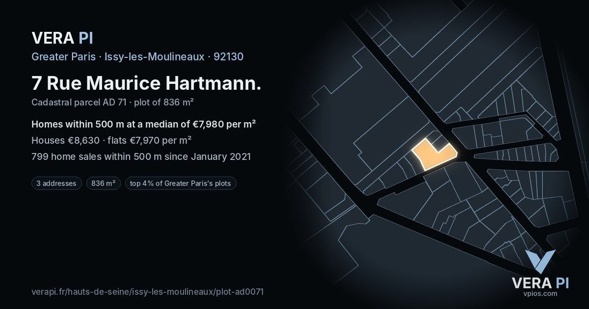 7 Rue Maurice Hartmann, Issy-les-Moulineaux at night – the plot lit, the parcels around coloured by the prices near them