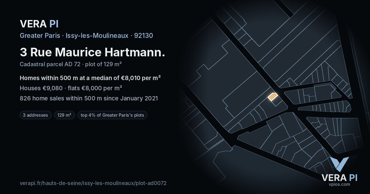 3 Rue Maurice Hartmann, Issy-les-Moulineaux at night – the plot lit, the parcels around coloured by the prices near them