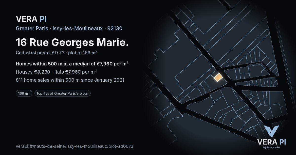 16 Rue Georges Marie, Issy-les-Moulineaux at night – the plot lit, the parcels around coloured by the prices near them