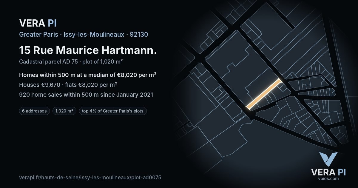 15 Rue Maurice Hartmann, Issy-les-Moulineaux at night – the plot lit, the parcels around coloured by the prices near them