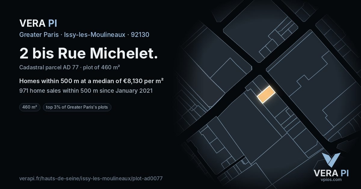 2 bis Rue Michelet, Issy-les-Moulineaux at night – the plot lit, the parcels around coloured by the prices near them