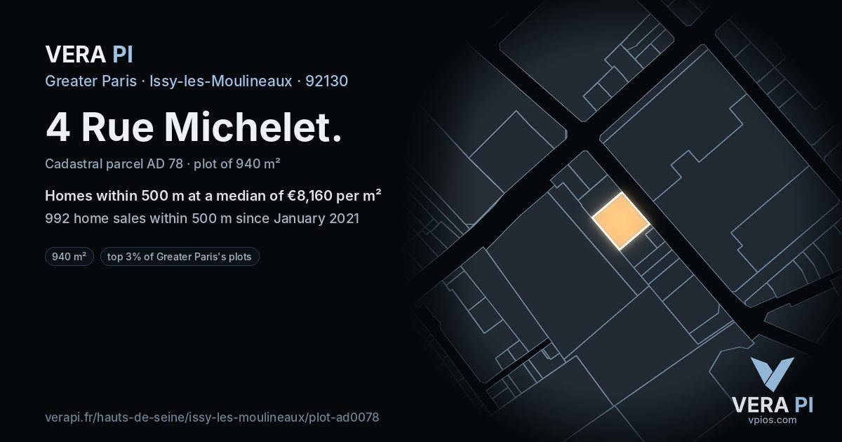 4 Rue Michelet, Issy-les-Moulineaux at night – the plot lit, the parcels around coloured by the prices near them