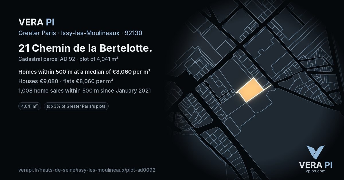 21 Chemin de la Bertelotte, Issy-les-Moulineaux at night – the plot lit, the parcels around coloured by the prices near them