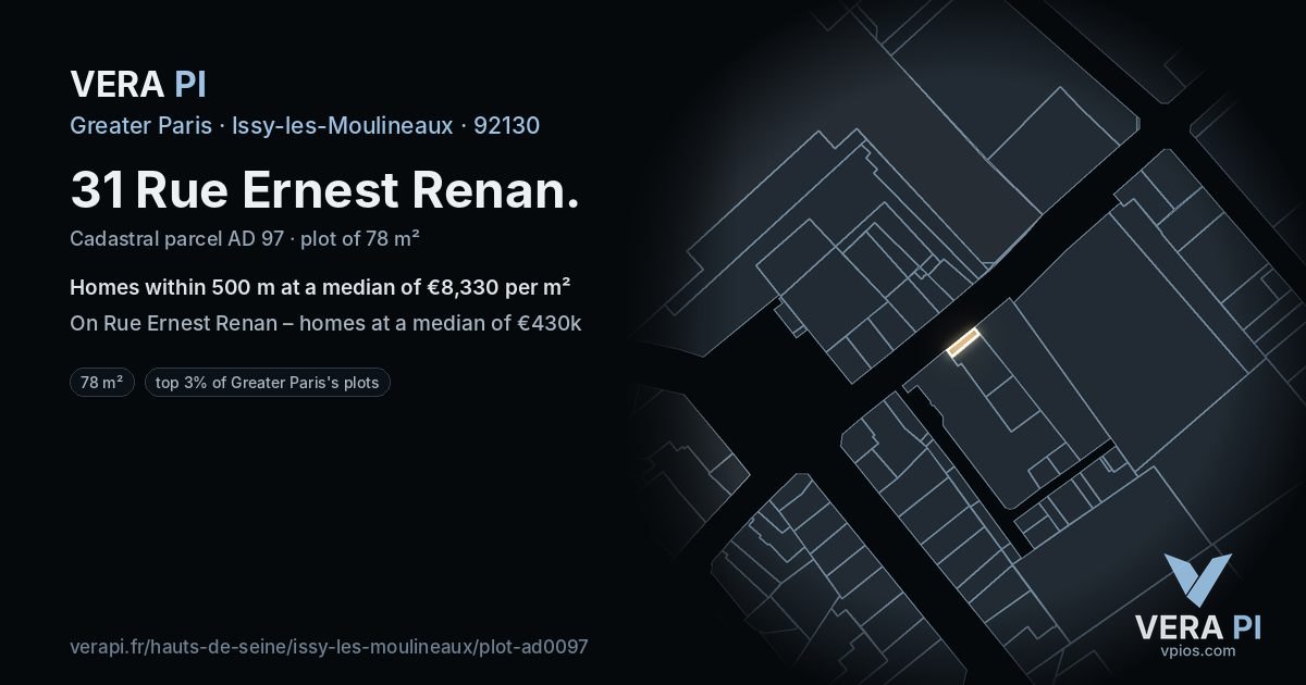 31 Rue Ernest Renan, Issy-les-Moulineaux at night – the plot lit, the parcels around coloured by the prices near them