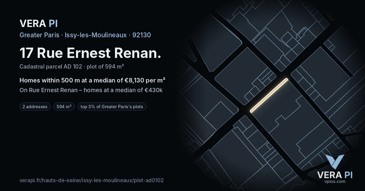 17 Rue Ernest Renan, Issy-les-Moulineaux at night – the plot lit, the parcels around coloured by the prices near them