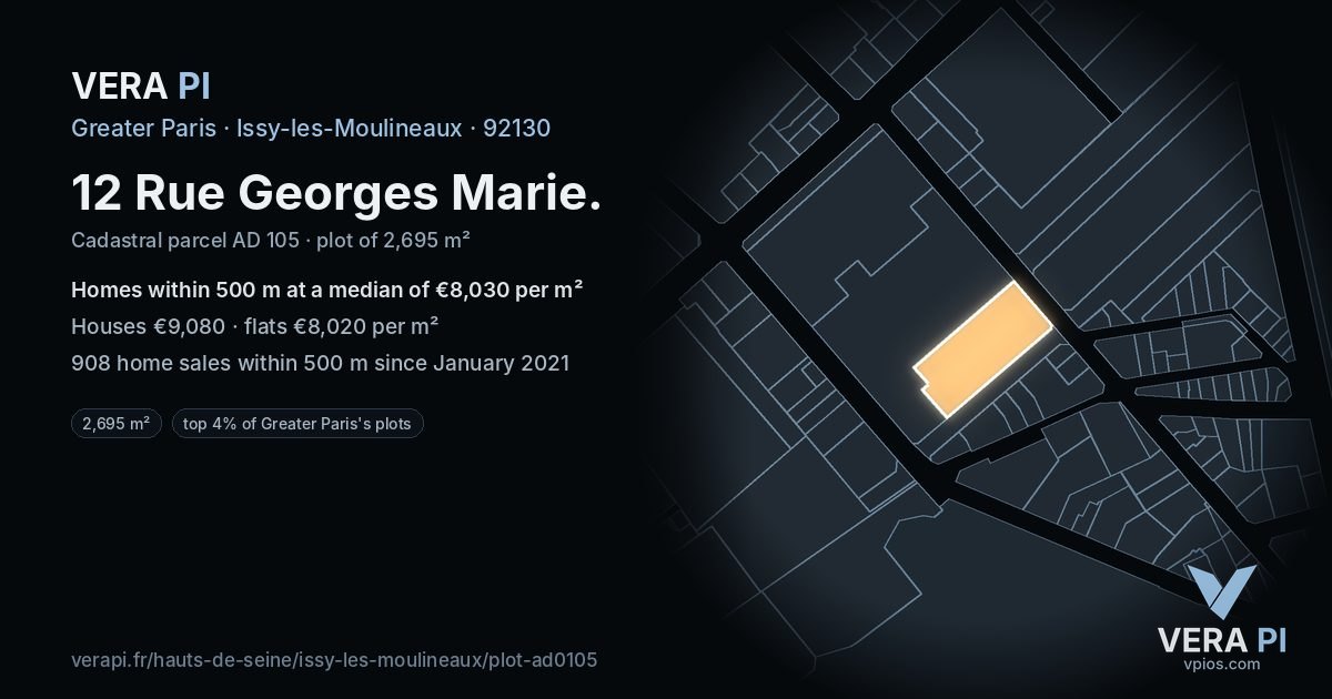 12 Rue Georges Marie, Issy-les-Moulineaux at night – the plot lit, the parcels around coloured by the prices near them