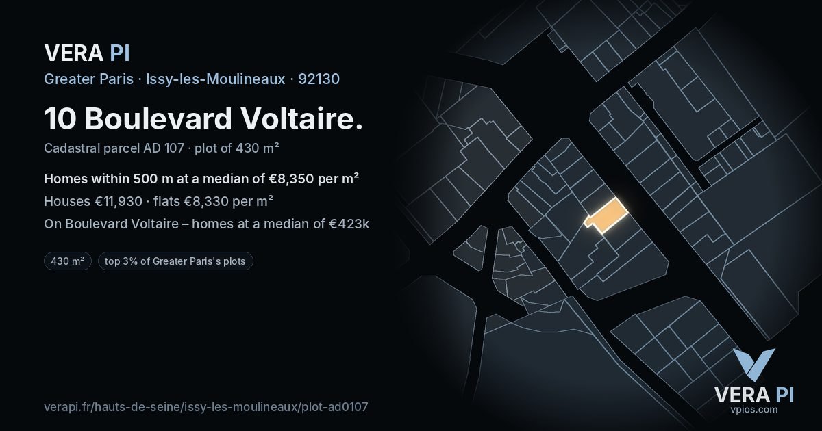 10 Boulevard Voltaire, Issy-les-Moulineaux at night – the plot lit, the parcels around coloured by the prices near them