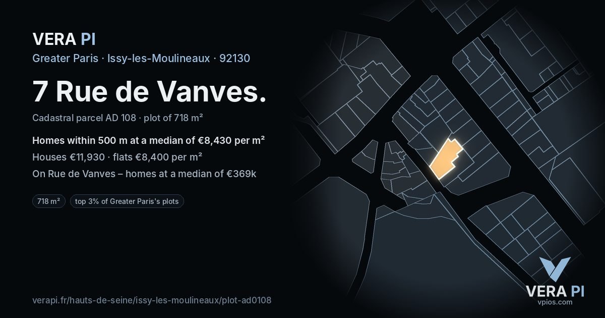 7 Rue de Vanves, Issy-les-Moulineaux at night – the plot lit, the parcels around coloured by the prices near them