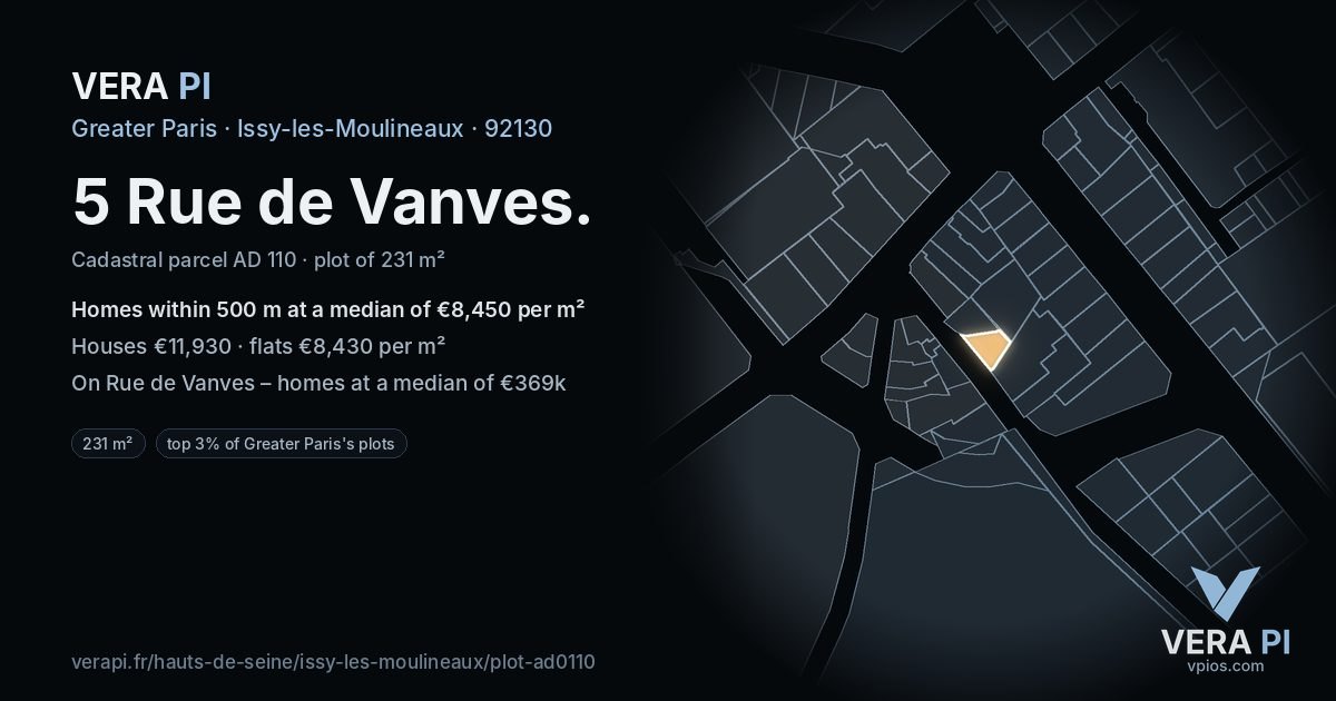 5 Rue de Vanves, Issy-les-Moulineaux at night – the plot lit, the parcels around coloured by the prices near them