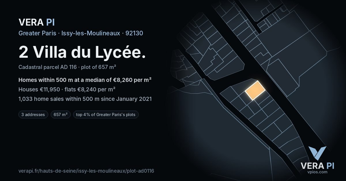 2 Villa du Lycée, Issy-les-Moulineaux at night – the plot lit, the parcels around coloured by the prices near them