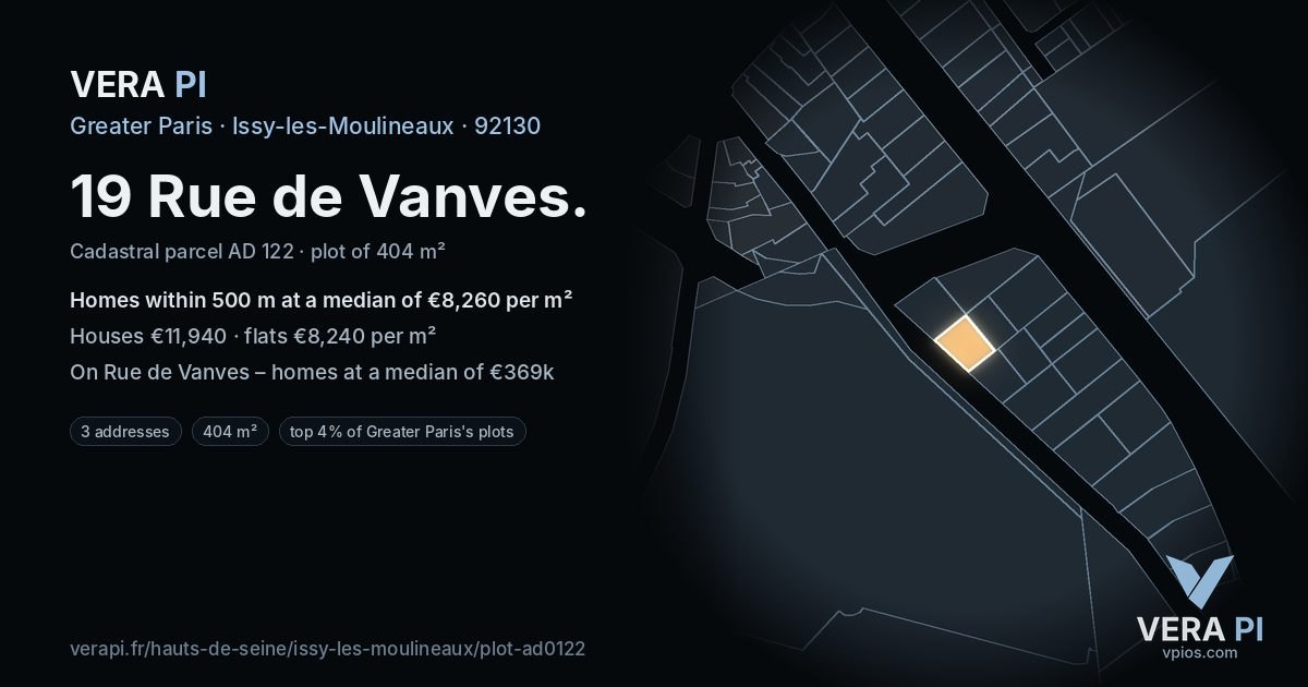 19 Rue de Vanves, Issy-les-Moulineaux at night – the plot lit, the parcels around coloured by the prices near them
