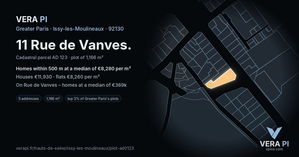 11 Rue de Vanves, Issy-les-Moulineaux at night – the plot lit, the parcels around coloured by the prices near them