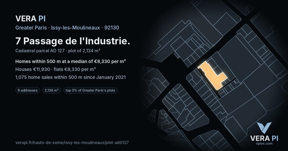 7 Passage de l'Industrie, Issy-les-Moulineaux at night – the plot lit, the parcels around coloured by the prices near them