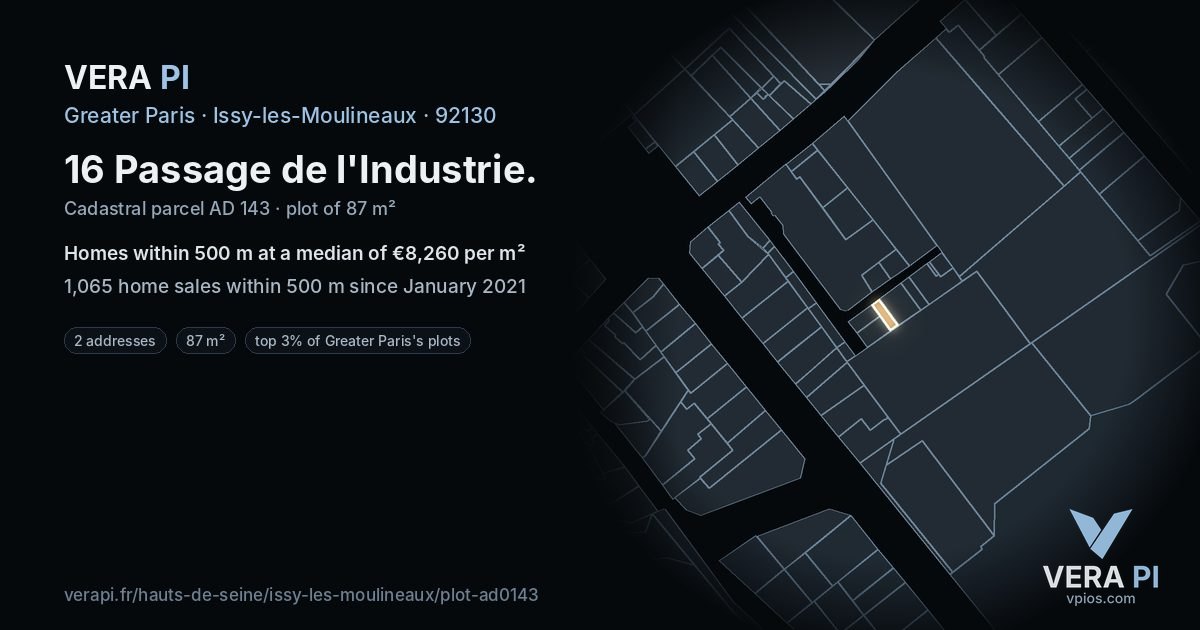 16 Passage de l'Industrie, Issy-les-Moulineaux at night – the plot lit, the parcels around coloured by the prices near them