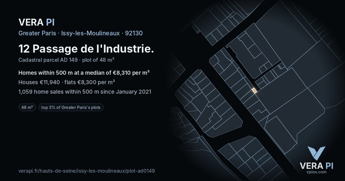 12 Passage de l'Industrie, Issy-les-Moulineaux at night – the plot lit, the parcels around coloured by the prices near them