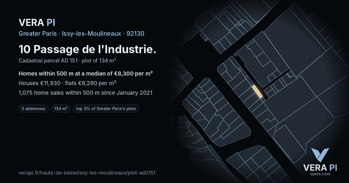 10 Passage de l'Industrie, Issy-les-Moulineaux at night – the plot lit, the parcels around coloured by the prices near them