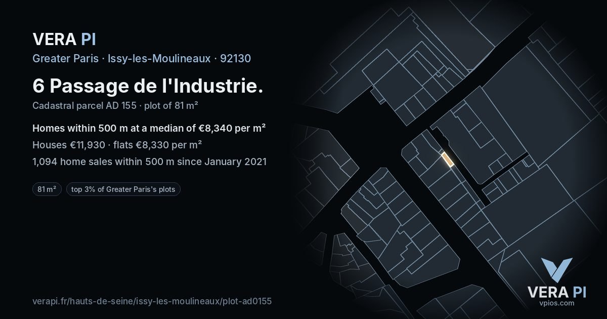 6 Passage de l'Industrie, Issy-les-Moulineaux at night – the plot lit, the parcels around coloured by the prices near them