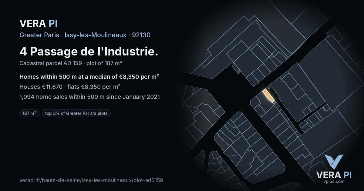 4 Passage de l'Industrie, Issy-les-Moulineaux at night – the plot lit, the parcels around coloured by the prices near them