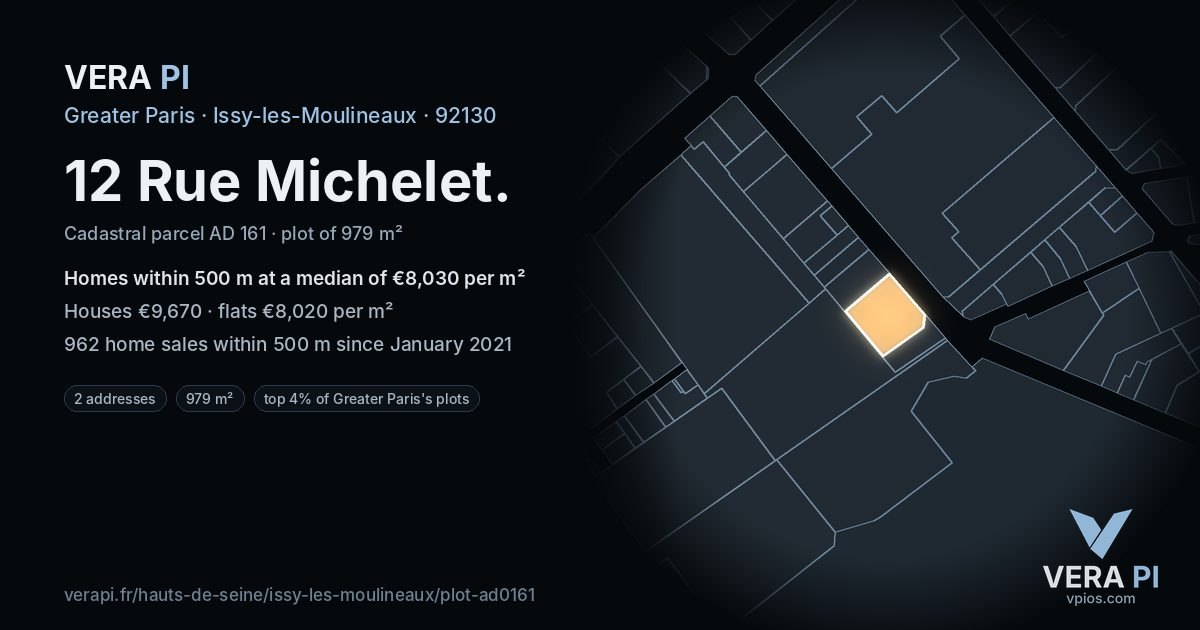 12 Rue Michelet, Issy-les-Moulineaux at night – the plot lit, the parcels around coloured by the prices near them