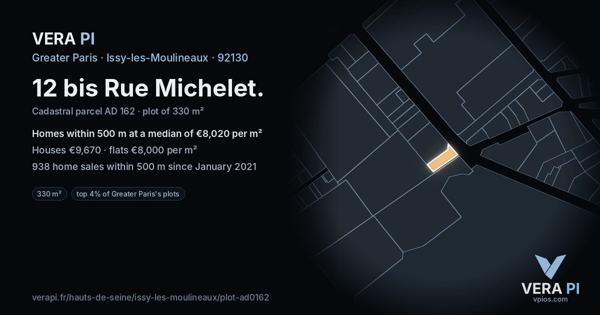 12 bis Rue Michelet, Issy-les-Moulineaux at night – the plot lit, the parcels around coloured by the prices near them
