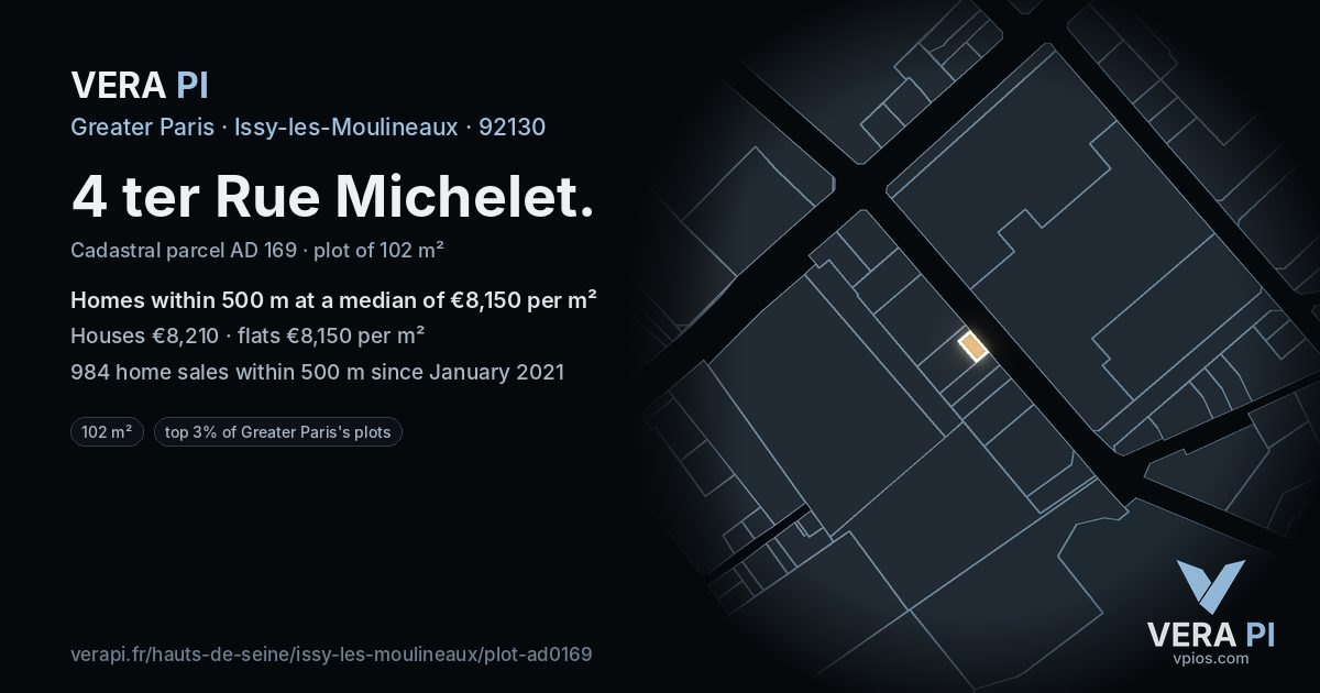 4 ter Rue Michelet, Issy-les-Moulineaux at night – the plot lit, the parcels around coloured by the prices near them