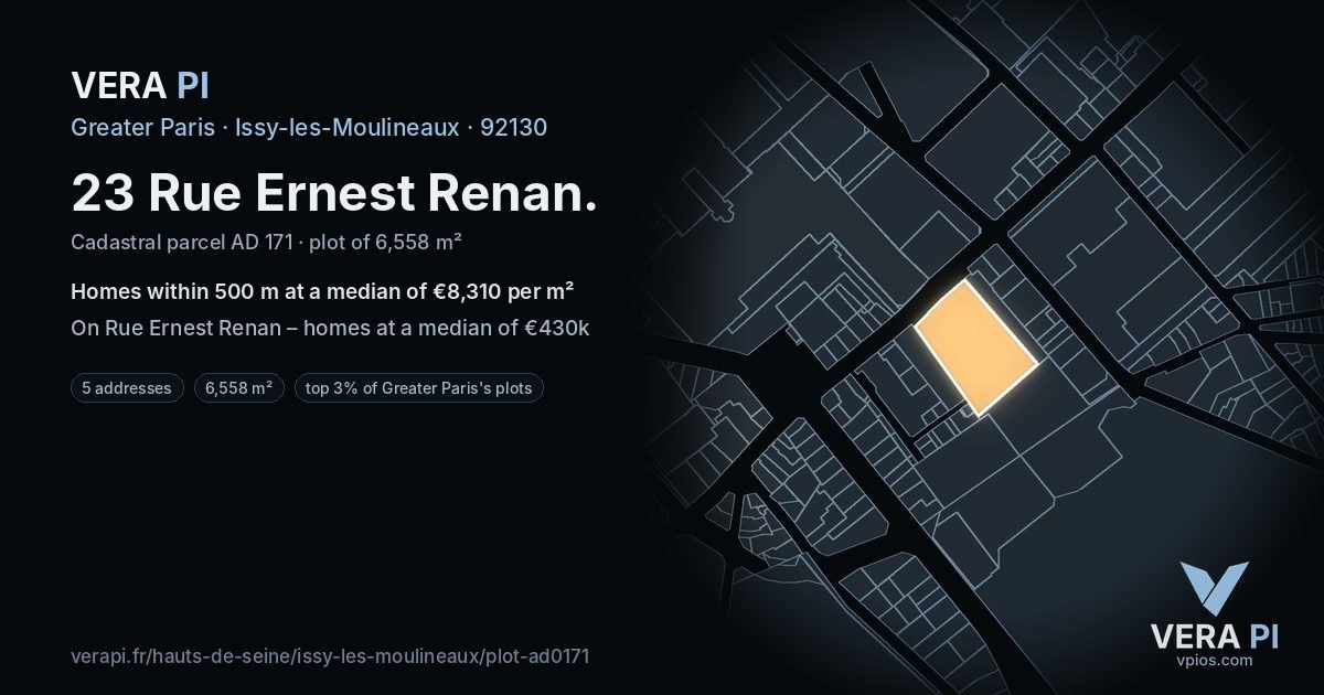 23 Rue Ernest Renan, Issy-les-Moulineaux at night – the plot lit, the parcels around coloured by the prices near them