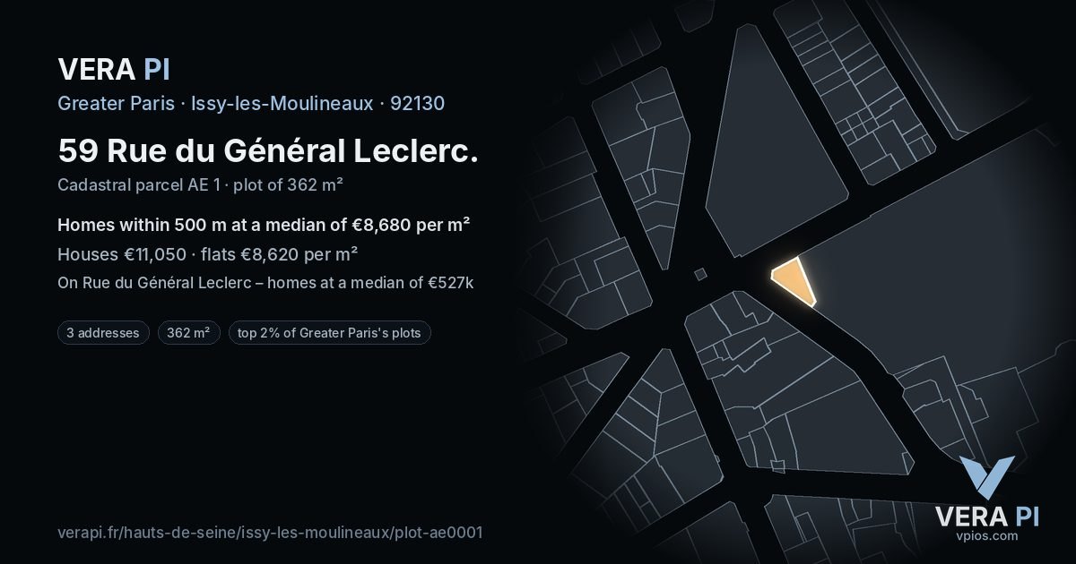 59 Rue du Général Leclerc, Issy-les-Moulineaux at night – the plot lit, the parcels around coloured by the prices near them
