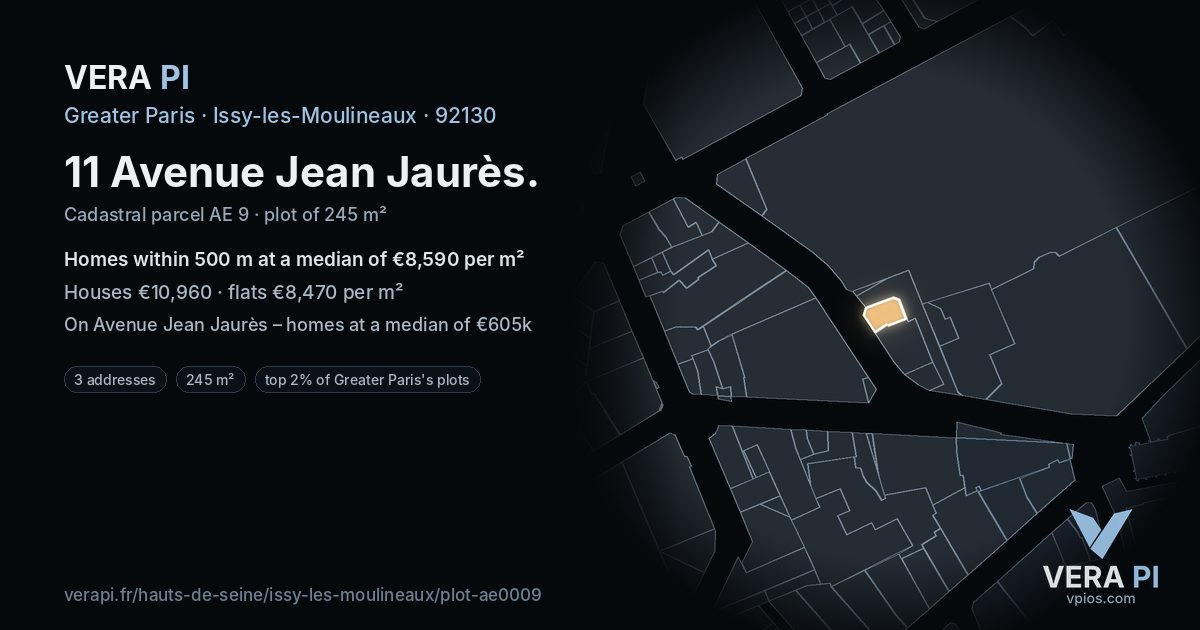 11 Avenue Jean Jaurès, Issy-les-Moulineaux at night – the plot lit, the parcels around coloured by the prices near them