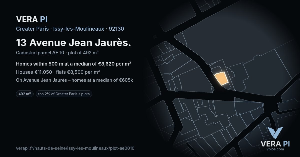 13 Avenue Jean Jaurès, Issy-les-Moulineaux at night – the plot lit, the parcels around coloured by the prices near them