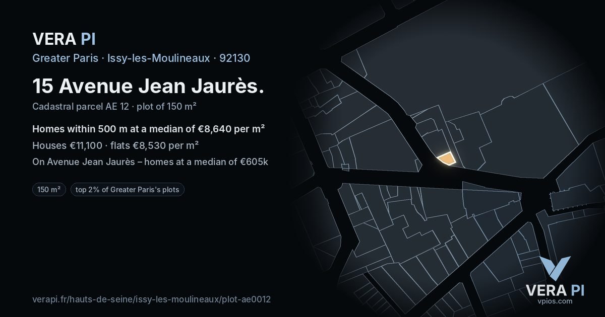 15 Avenue Jean Jaurès, Issy-les-Moulineaux at night – the plot lit, the parcels around coloured by the prices near them