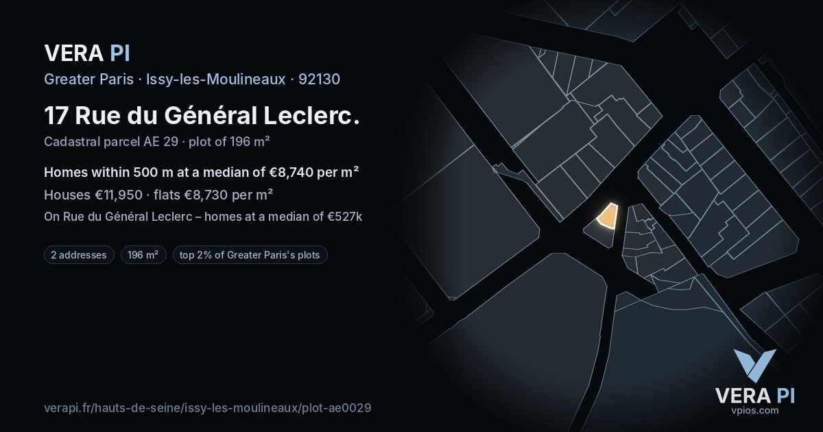 17 Rue du Général Leclerc, Issy-les-Moulineaux at night – the plot lit, the parcels around coloured by the prices near them