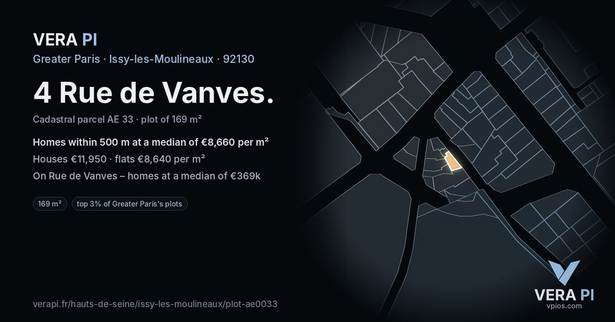 4 Rue de Vanves, Issy-les-Moulineaux at night – the plot lit, the parcels around coloured by the prices near them