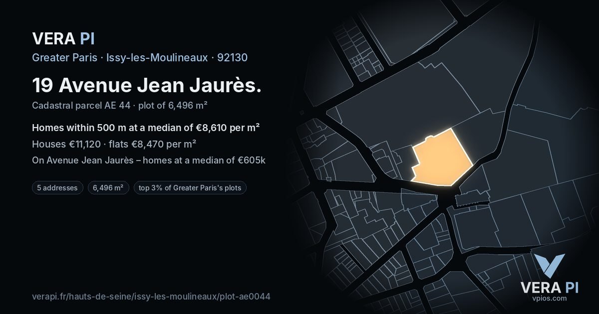 19 Avenue Jean Jaurès, Issy-les-Moulineaux at night – the plot lit, the parcels around coloured by the prices near them