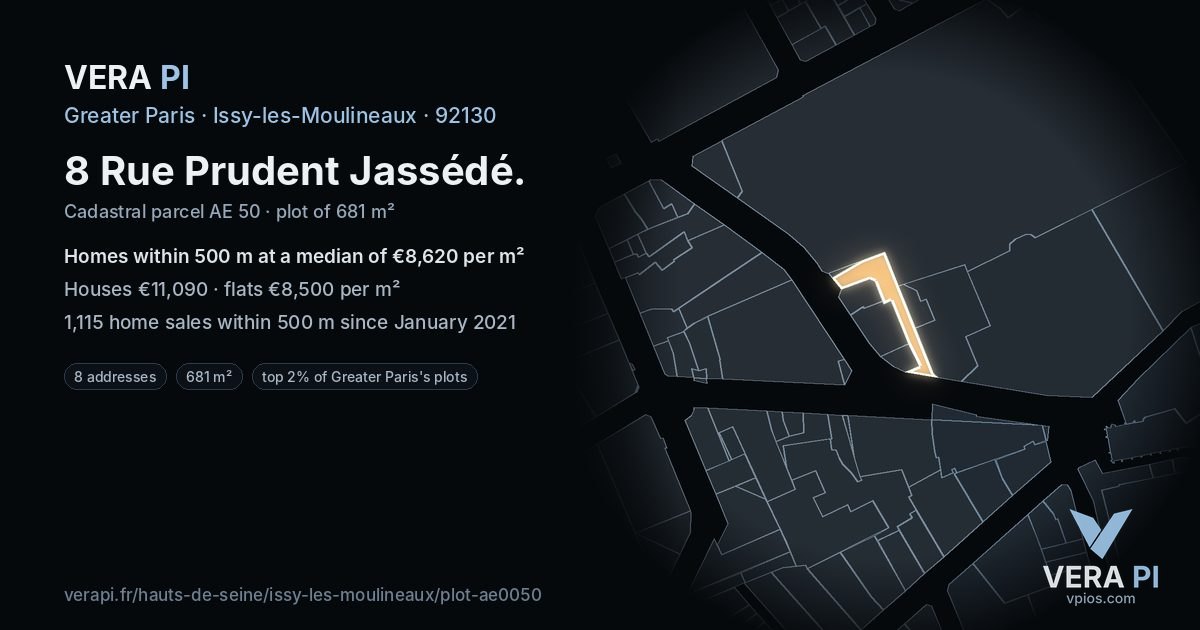 8 Rue Prudent Jassédé, Issy-les-Moulineaux at night – the plot lit, the parcels around coloured by the prices near them