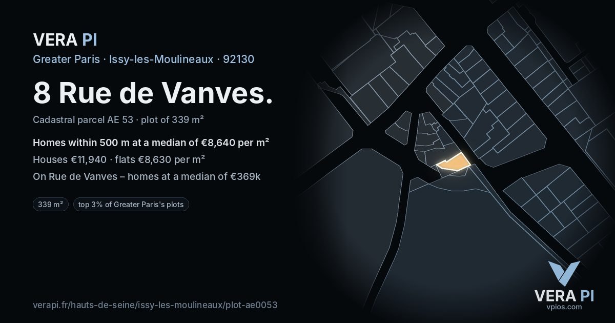 8 Rue de Vanves, Issy-les-Moulineaux at night – the plot lit, the parcels around coloured by the prices near them