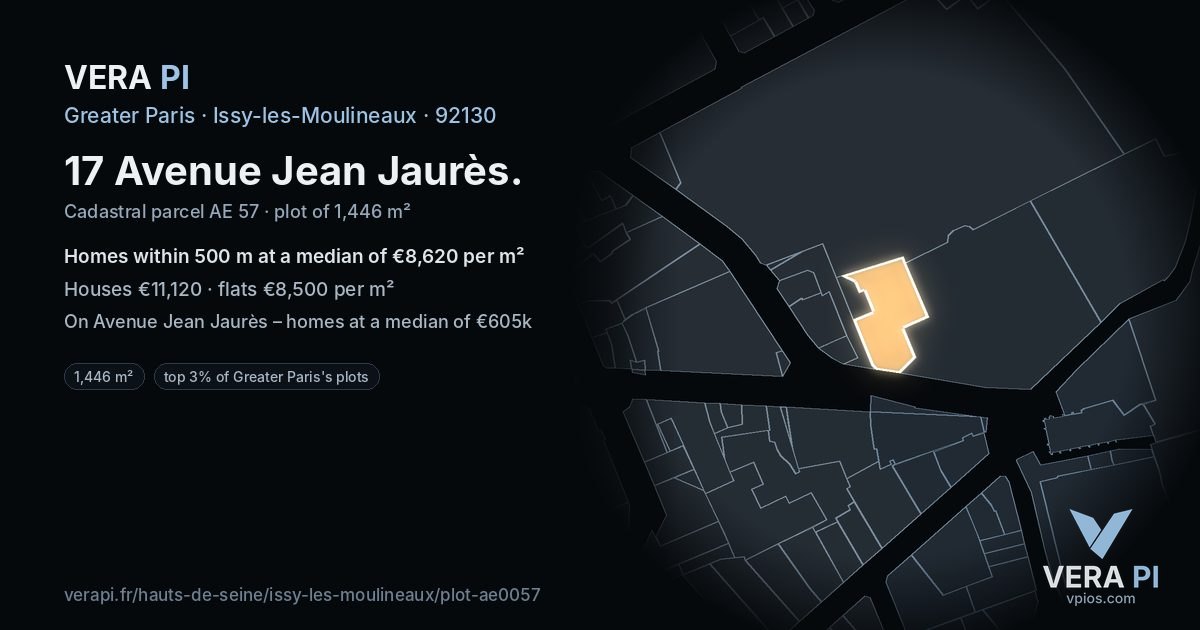 17 Avenue Jean Jaurès, Issy-les-Moulineaux at night – the plot lit, the parcels around coloured by the prices near them