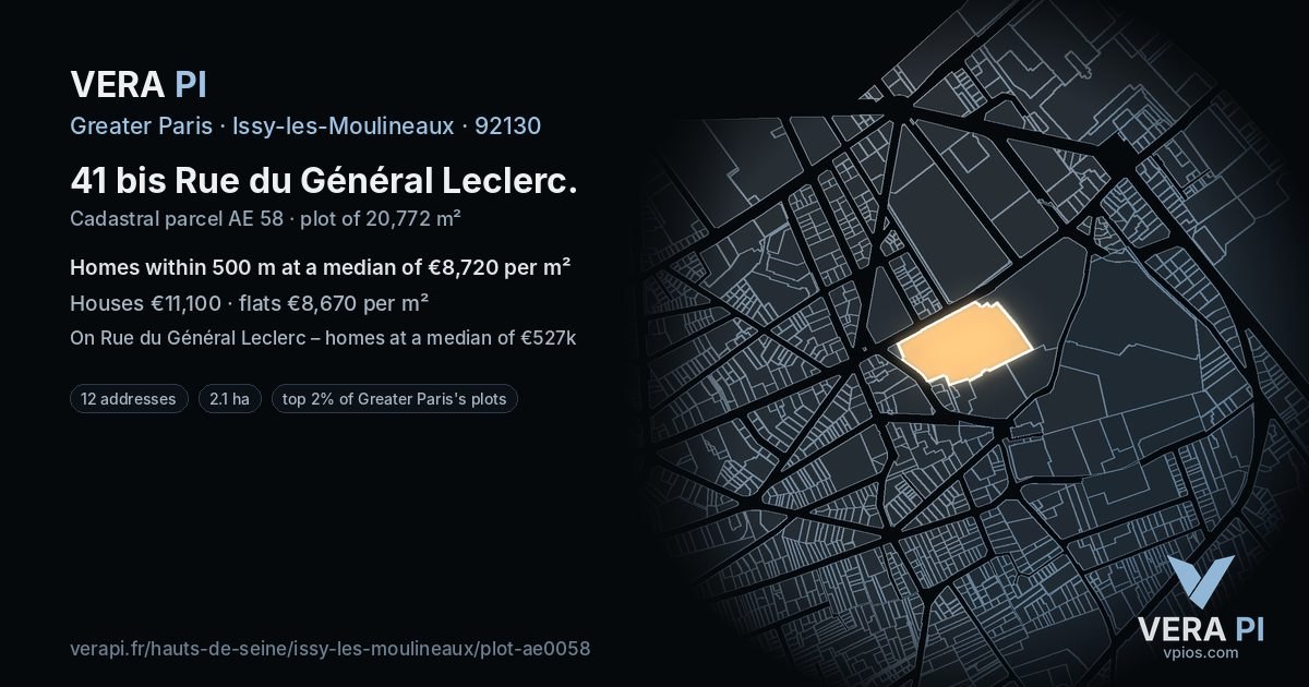 41 bis Rue du Général Leclerc, Issy-les-Moulineaux at night – the plot lit, the parcels around coloured by the prices near them
