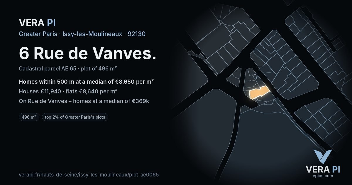 6 Rue de Vanves, Issy-les-Moulineaux at night – the plot lit, the parcels around coloured by the prices near them
