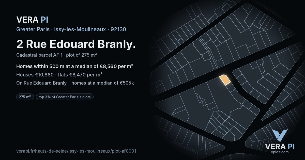 2 Rue Edouard Branly, Issy-les-Moulineaux at night – the plot lit, the parcels around coloured by the prices near them