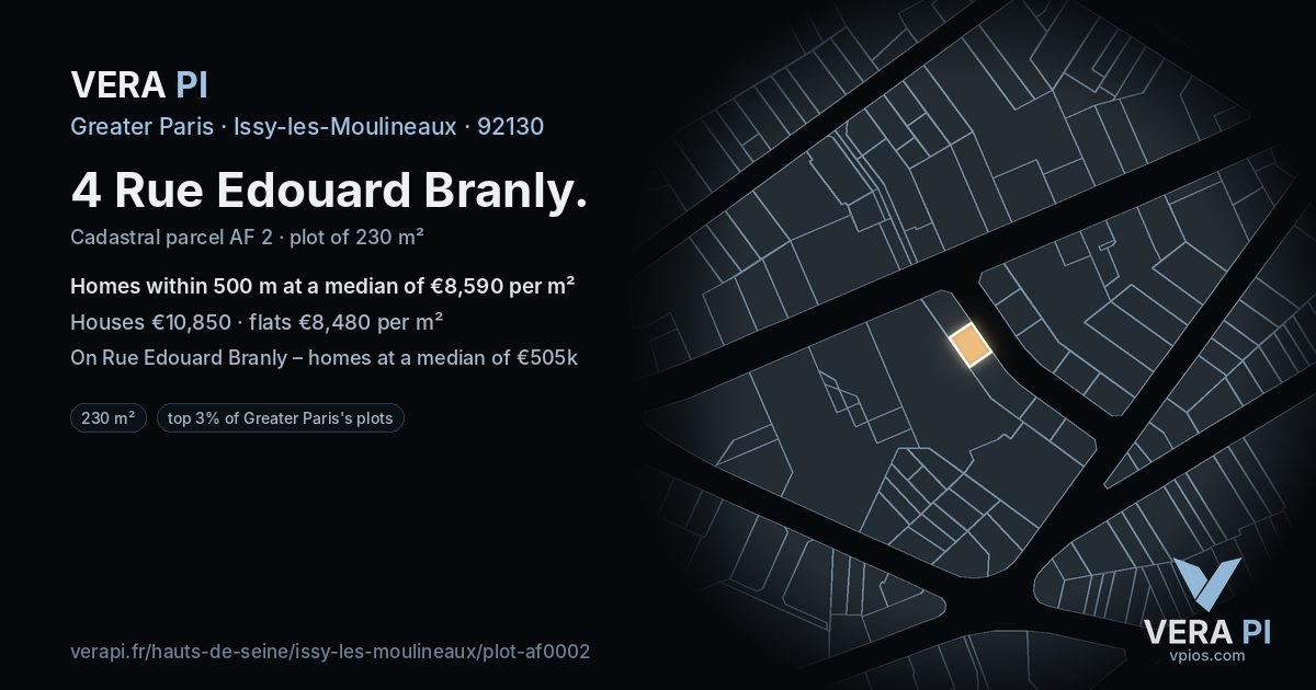 4 Rue Edouard Branly, Issy-les-Moulineaux at night – the plot lit, the parcels around coloured by the prices near them
