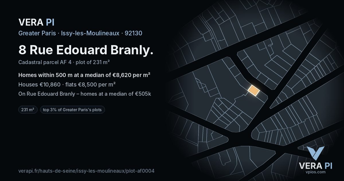 8 Rue Edouard Branly, Issy-les-Moulineaux at night – the plot lit, the parcels around coloured by the prices near them