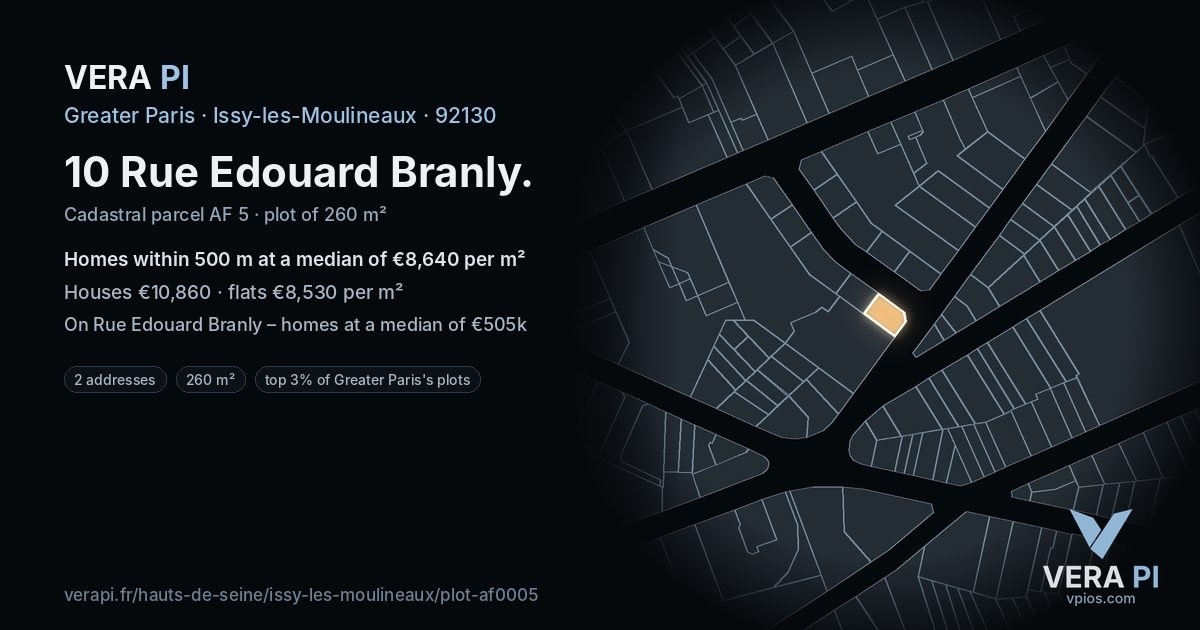 10 Rue Edouard Branly, Issy-les-Moulineaux at night – the plot lit, the parcels around coloured by the prices near them