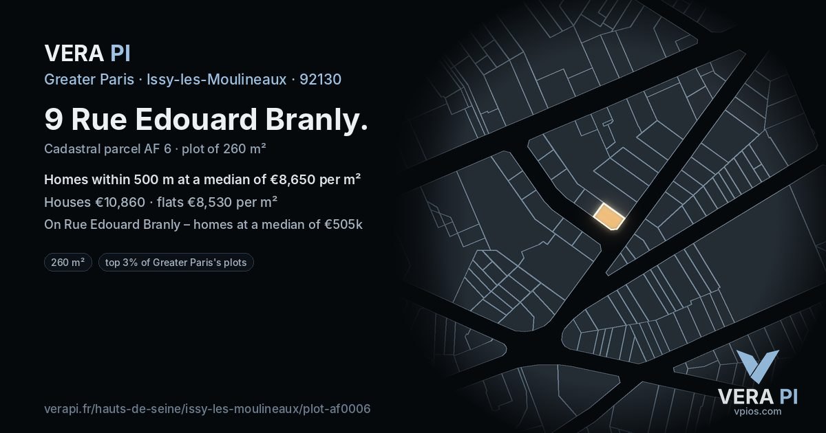 9 Rue Edouard Branly, Issy-les-Moulineaux at night – the plot lit, the parcels around coloured by the prices near them