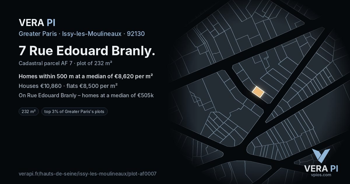 7 Rue Edouard Branly, Issy-les-Moulineaux at night – the plot lit, the parcels around coloured by the prices near them