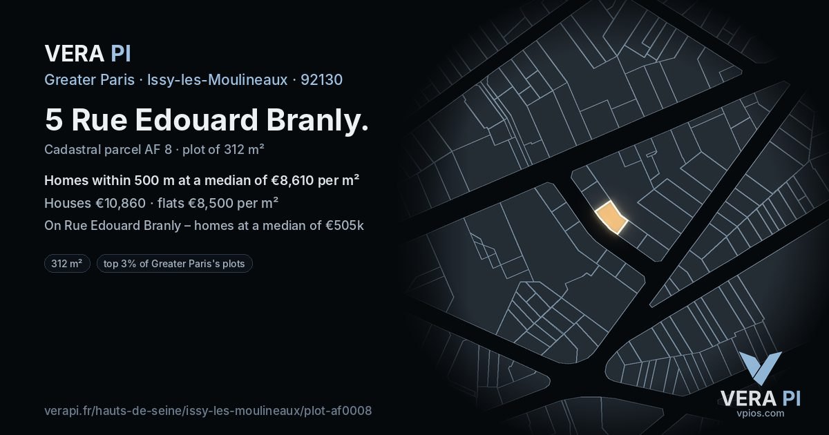 5 Rue Edouard Branly, Issy-les-Moulineaux at night – the plot lit, the parcels around coloured by the prices near them