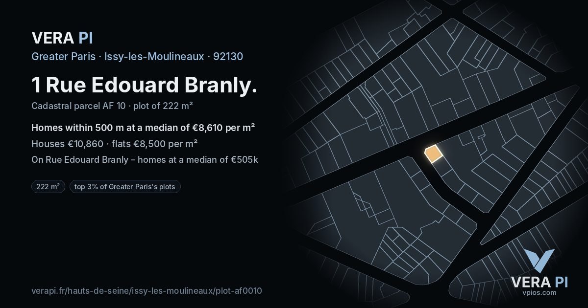 1 Rue Edouard Branly, Issy-les-Moulineaux at night – the plot lit, the parcels around coloured by the prices near them
