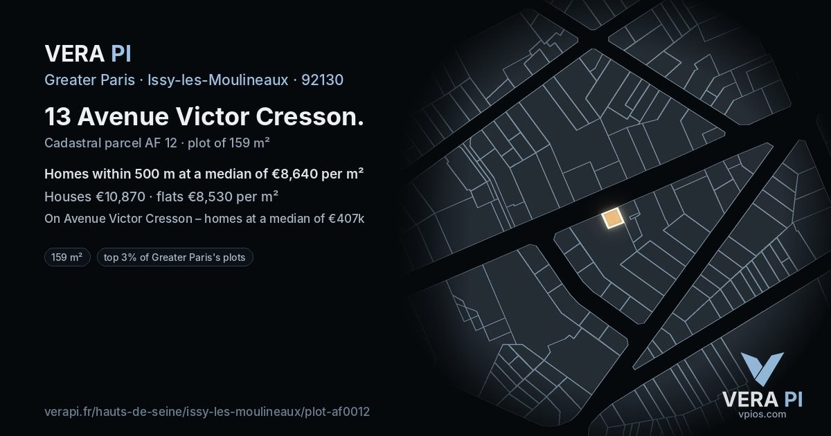 13 Avenue Victor Cresson, Issy-les-Moulineaux at night – the plot lit, the parcels around coloured by the prices near them