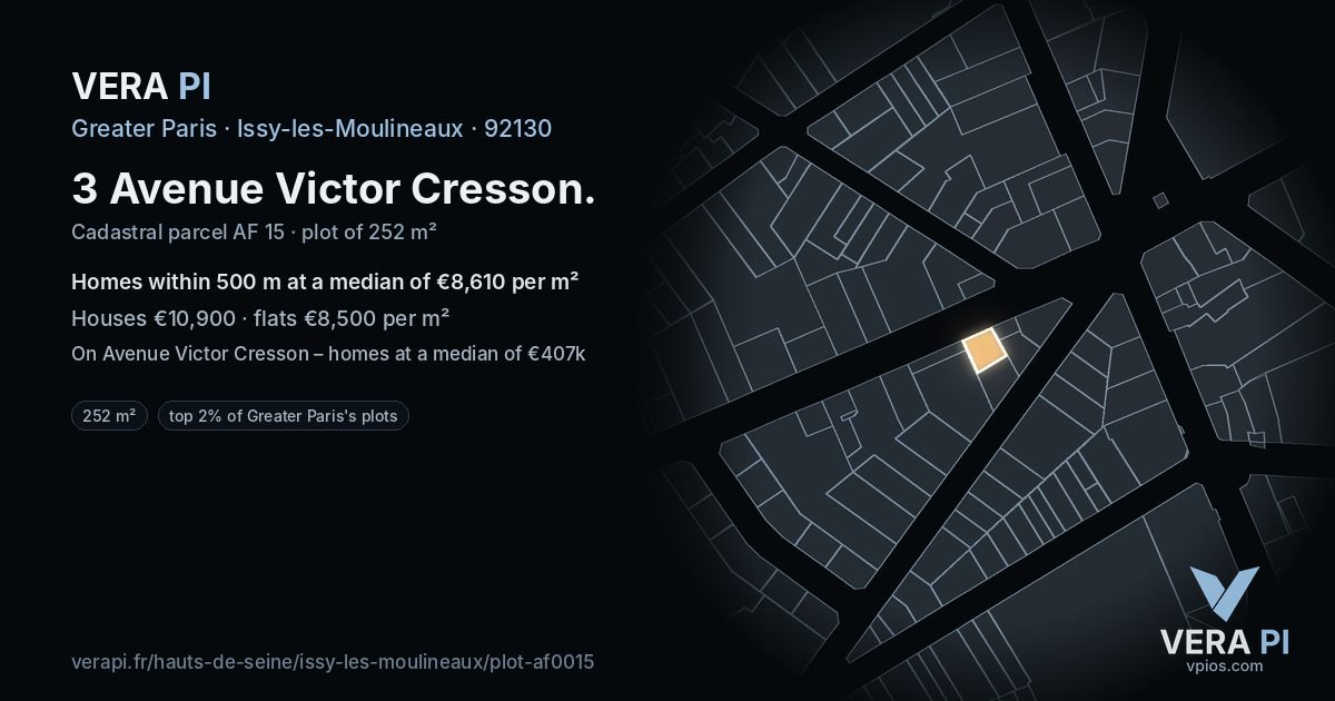3 Avenue Victor Cresson, Issy-les-Moulineaux at night – the plot lit, the parcels around coloured by the prices near them